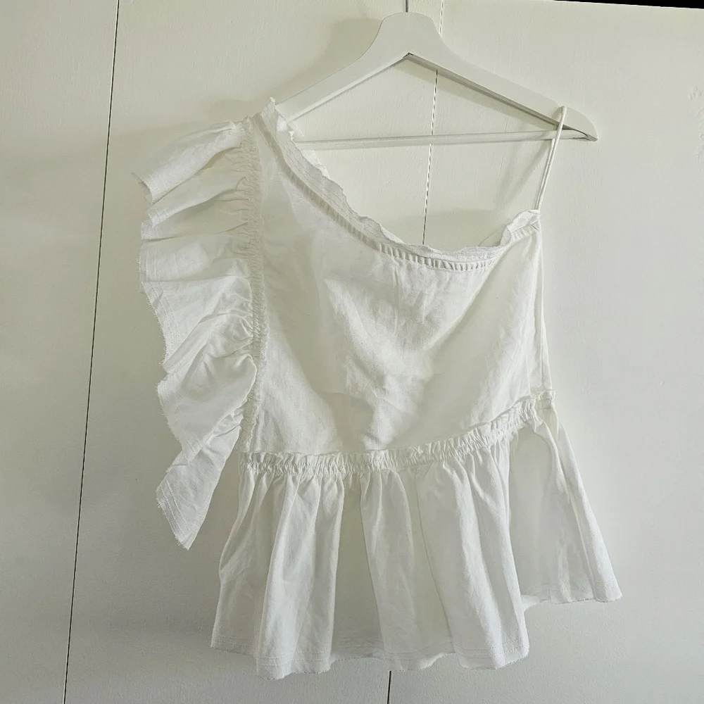 IRO White Asymmetrical Ruffled Peplum Blouse Size EU 38 US 6 - Picture 3 of 6